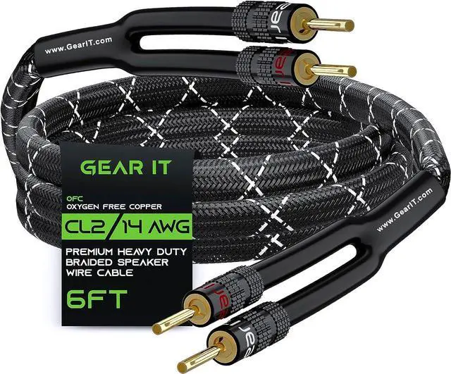 Main image of GearIT 14AWG Premium Heavy Duty Braided Speaker Wire Cable (6 Feet) Dual Gold Plated Banana Plug Tips - in-Wall CL2 - Oxygen-Free Copper (OFC) Black