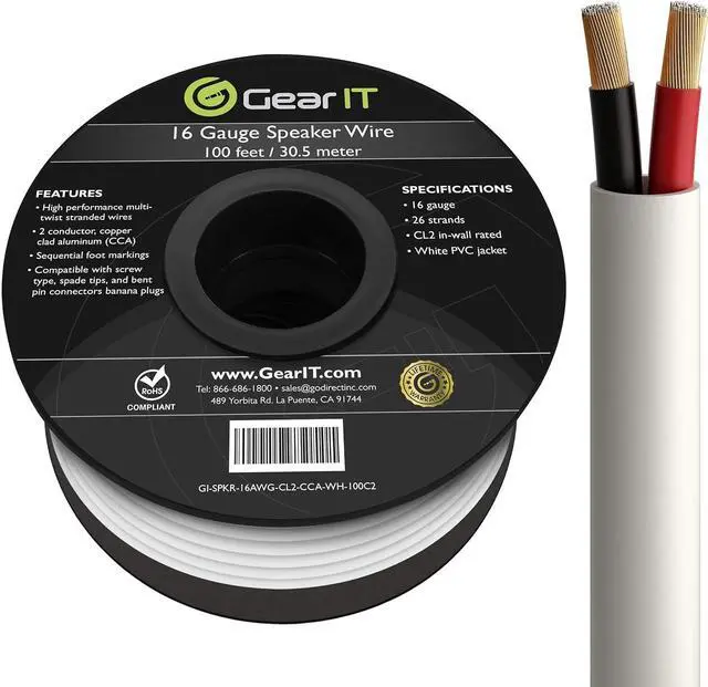 Main image of GearIT 16/2 Speaker Wire (100 Feet) 16 Gauge (Copper Clad Aluminum) - Fire Safety in Wall Rated Audio Speaker Wire Cable / CL2 Rated / 2 Conductors - CCA, 100ft