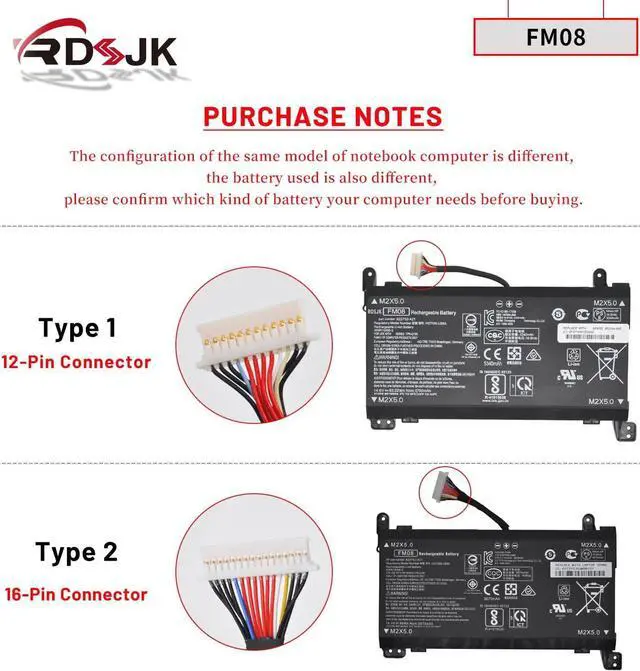 Alt view image 2 of 7 - FM08 Laptop Battery for HP Omen 17-AN013TX 17-AN014TX 17-AN014NG 17-AN012DX 17-AN041NG 17-AN080NZ 17-AN001CA AN1XX HSTNN-LB8A HSTNN-LB8B 922752-421 922753-421 922976-855 12-Pin Connector 14.6V 83.22Wh