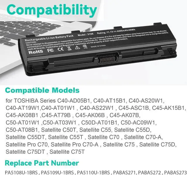 Alt view image 6 of 7 - PA5109U-1BRS PABAS272 Battery for Toshiba PABAS271 PABAS273 PA5110U-1BRS PA5108U-1BRS C55 A5300 C55-A5302 C55-A5308 C55-A5309 C55D-A5150 S75-A7334 C55D-A5381 C55-A5135 C55-A5172 C75D-A7223 L75-B7150
