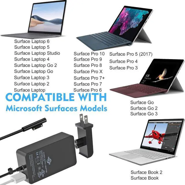 Alt view image 2 of 7 - Laptop Charger for Surface Pro 10/9/8/X/7/6/5/4/3, Microsoft Surface Laptop 6/5/Studio/4/Go/3/2, Surface Go 2/3, Surface Book 2/1, Adapter Power Support 65W 44W 36W with 11.2FT Cord&Travel Case