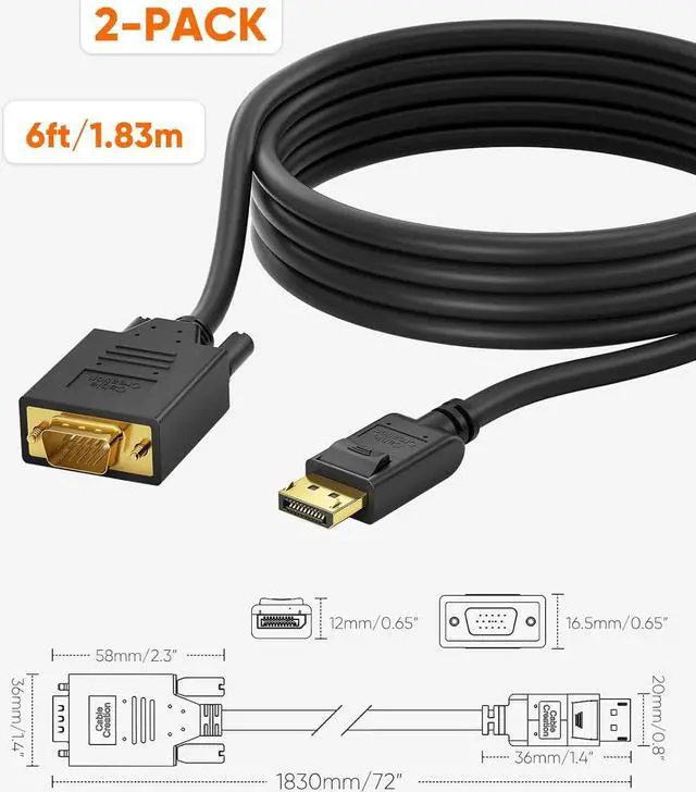 Alt view image 7 of 7 - CableCreation DP to VGA Cable 6 FT, [2-Pack] DisplayPort to VGA Cable Gold Plated 1080p@60Hz, DP Male to VGA Male Cable, Black