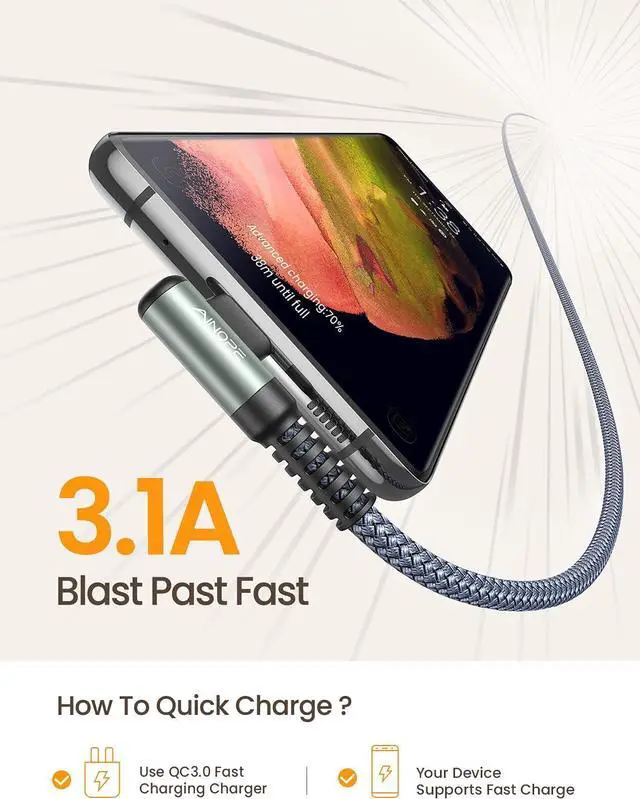 Alt view image 4 of 6 - AINOPE 2-Pack USB C Cable 10 ft, 3.1A C Charger Cable Fast Charging, Right Angle Resistant Nylon Braided USB C Charger Compatible with Galaxy S20/S20+ Ultra S10 S10E S9 S8 Plus