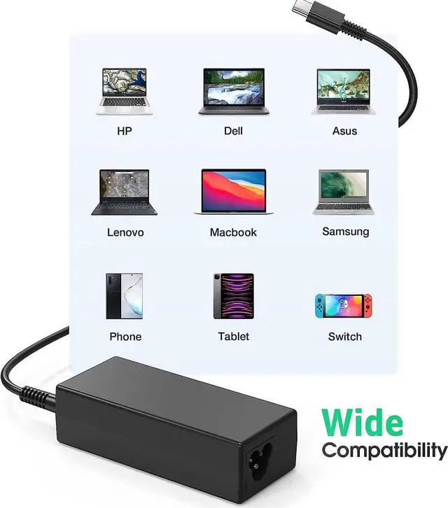 Alt view image 2 of 7 - Chromebook Charger,45W USB C Laptop Charger Compatible with HP Dell Acer Asus Samsung, Type C Fast Charging Power Adapter