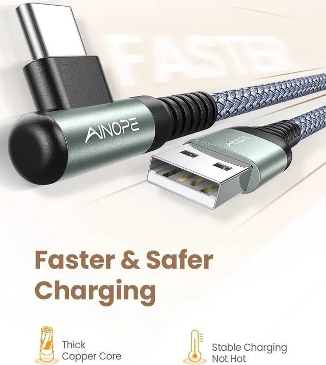 Alt view image 4 of 7 - AINOPE USB C Cable 4-Pack [10/6.6/3.3/3.3ft] 3.2A Type C Fast Charging Right Angle, USB C Charger Nylon Braided Compatible with Galaxy S10 S9 S8 Plus S21, Note 10 9 8, LG,