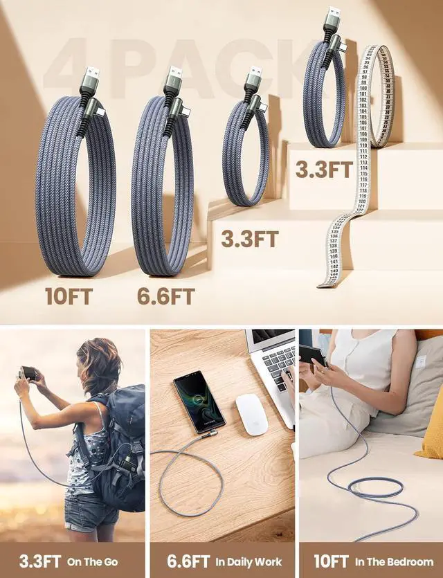 Alt view image 3 of 7 - AINOPE USB C Cable 4-Pack [10/6.6/3.3/3.3ft] 3.2A Type C Fast Charging Right Angle, USB C Charger Nylon Braided Compatible with Galaxy S10 S9 S8 Plus S21, Note 10 9 8, LG,