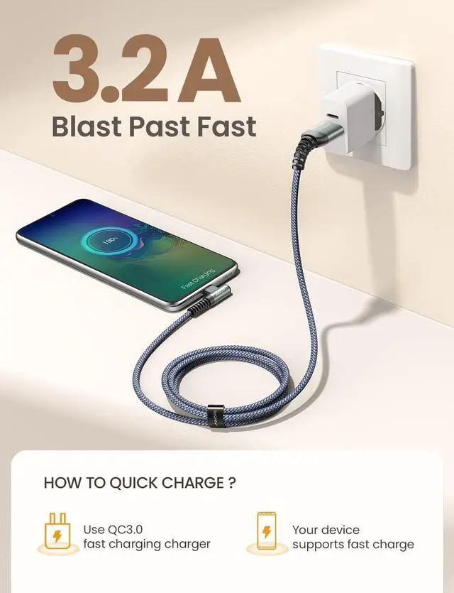 Alt view image 5 of 7 - AINOPE USB C Cable 4-Pack [10/6.6/3.3/3.3ft] 3.2A Type C Fast Charging Right Angle, USB C Charger Nylon Braided Compatible with Galaxy S10 S9 S8 Plus S21, Note 10 9 8, LG,