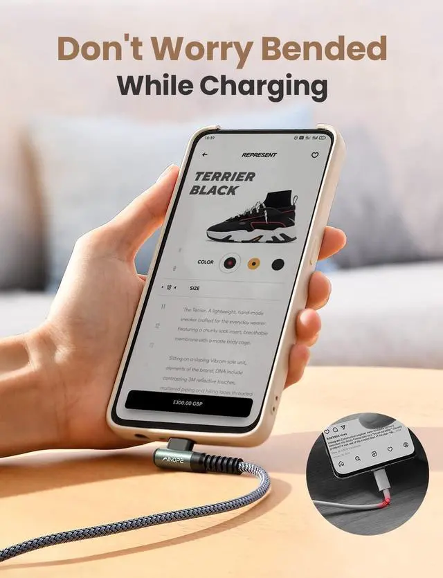 Alt view image 6 of 7 - AINOPE USB C Cable 4-Pack [10/6.6/3.3/3.3ft] 3.2A Type C Fast Charging Right Angle, USB C Charger Nylon Braided Compatible with Galaxy S10 S9 S8 Plus S21, Note 10 9 8, LG,