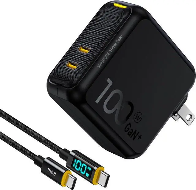 Main image of 100W USB C Charger GaN+, 2 Port Type C PD Wall Charger Foldable Power Adapter with 4ft USB C LED Display Cable for MacBook Pro/Air, iPad Pro, iPhone 15/14/13/12, Galaxy, Laptops, Black