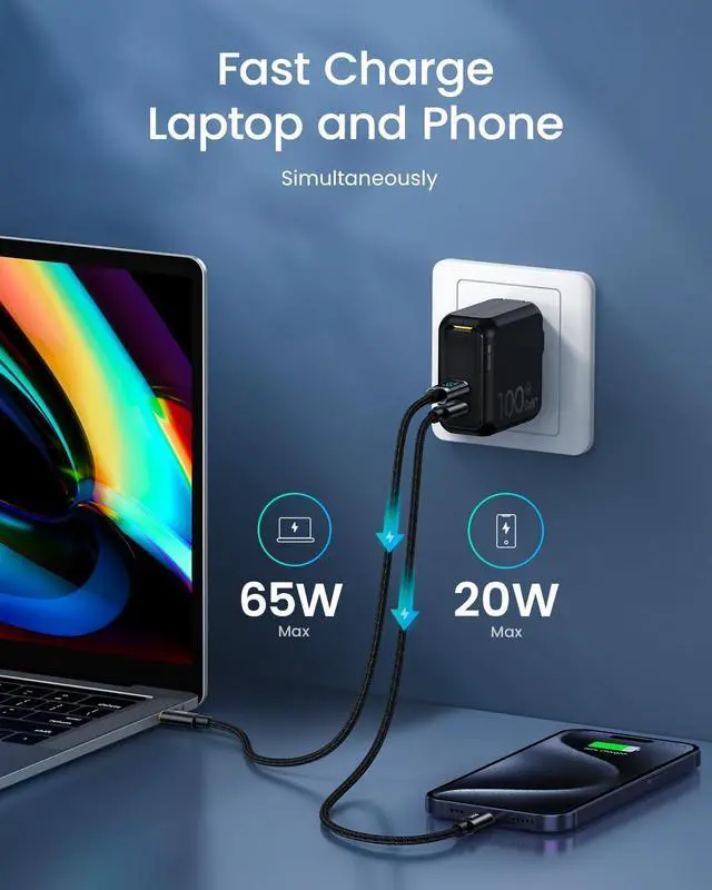 Alt view image 3 of 7 - 100W USB C Charger GaN+, 2 Port Type C PD Wall Charger Foldable Power Adapter with 4ft USB C LED Display Cable for MacBook Pro/Air, iPad Pro, iPhone 15/14/13/12, Galaxy, Laptops, Black