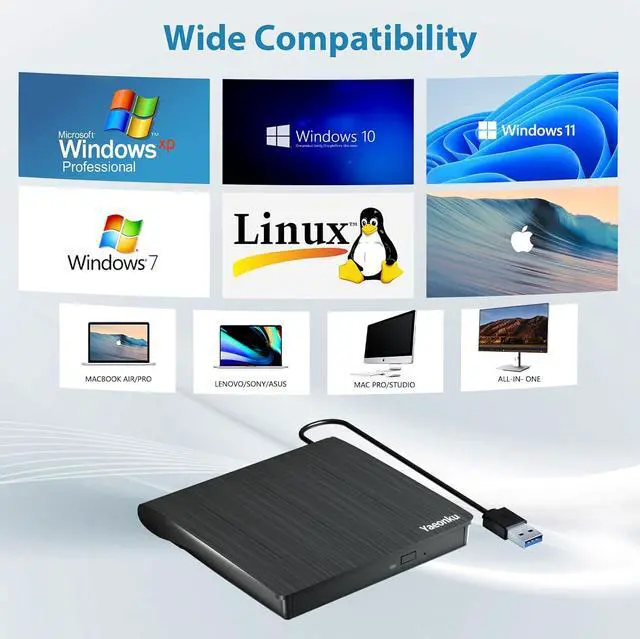 Alt view image 2 of 7 - External CD DVD Drive, USB 3.0 Portable CD DVD +/-RW Optical Drive, DVD/CD ROM Rewriter Burner, Compatible with Laptop Desktop PC Windows Linux OS Mac