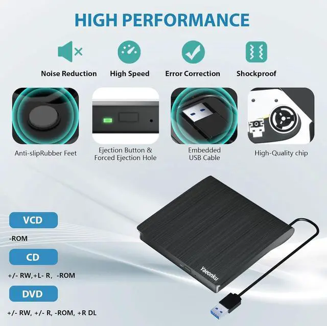 Alt view image 3 of 7 - External CD DVD Drive, USB 3.0 Portable CD DVD +/-RW Optical Drive, DVD/CD ROM Rewriter Burner, Compatible with Laptop Desktop PC Windows Linux OS Mac