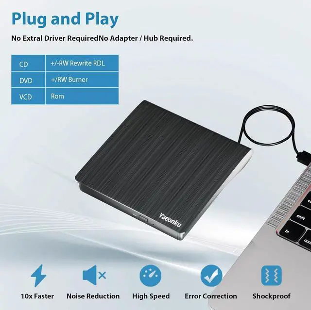 Alt view image 4 of 7 - External CD DVD Drive, USB 3.0 Portable CD DVD +/-RW Optical Drive, DVD/CD ROM Rewriter Burner, Compatible with Laptop Desktop PC Windows Linux OS Mac