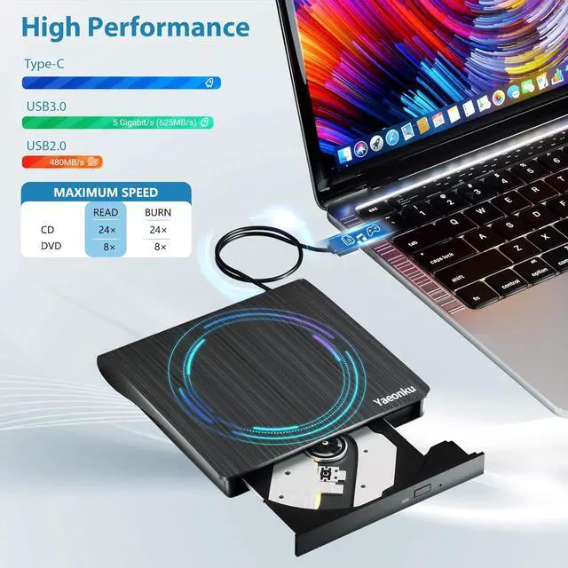 Alt view image 5 of 7 - External CD DVD Drive, USB 3.0 Portable CD DVD +/-RW Optical Drive, DVD/CD ROM Rewriter Burner, Compatible with Laptop Desktop PC Windows Linux OS Mac