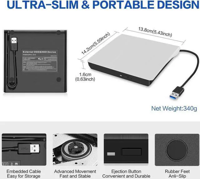 Alt view image 6 of 6 - External CD/DVD Drive for Laptop, USB 3.0 Ultra-Slim Portable Burner Writer Compatible with Mac MacBook Pro/Air iMac Desktop Windows 7/8/10/XP/Vista (White)