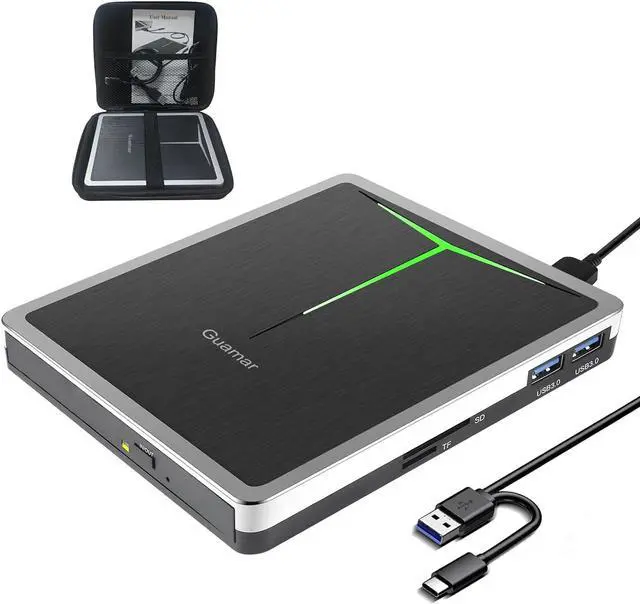Main image of Guamar External CD DVD Drive, USB 3.0 USB-C CD/DVD+/-RW Burner Portable Optical Disk Drive CD ROM Reader Writer DVD Player for Laptop Desktop PC Mac Windows 11 with SD/TF Slot/2 USB Ports (Silver)