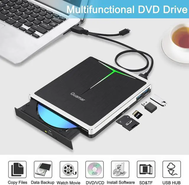 Alt view image 2 of 7 - Guamar External CD DVD Drive, USB 3.0 USB-C CD/DVD+/-RW Burner Portable Optical Disk Drive CD ROM Reader Writer DVD Player for Laptop Desktop PC Mac Windows 11 with SD/TF Slot/2 USB Ports (Silver)