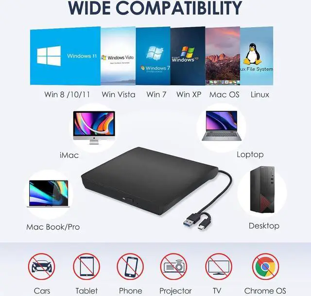 Alt view image 3 of 7 - External CD/DVD Drive for Laptop, Type-C CD/DVD Player USB 3.0 Portable Burner Writer Reader Compatible with Mac MacBook Pro/Air iMac Desktop Windows 7/8/10/XP/Vista (Black)