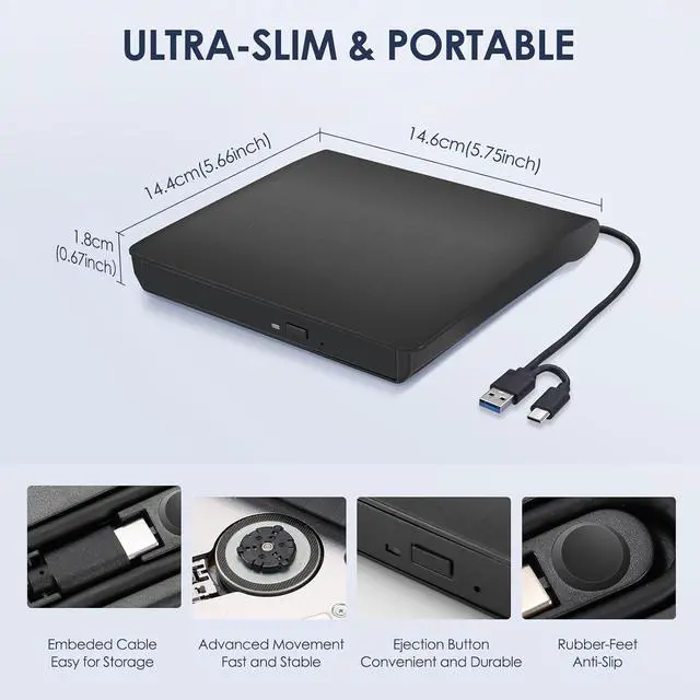 Alt view image 6 of 7 - External CD/DVD Drive for Laptop, Type-C CD/DVD Player USB 3.0 Portable Burner Writer Reader Compatible with Mac MacBook Pro/Air iMac Desktop Windows 7/8/10/XP/Vista (Black)