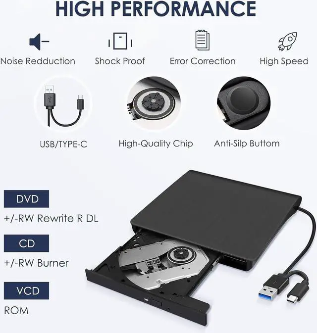 Alt view image 4 of 7 - External CD/DVD Drive for Laptop, Type-C CD/DVD Player USB 3.0 Portable Burner Writer Reader Compatible with Mac MacBook Pro/Air iMac Desktop Windows 7/8/10/XP/Vista (Black)