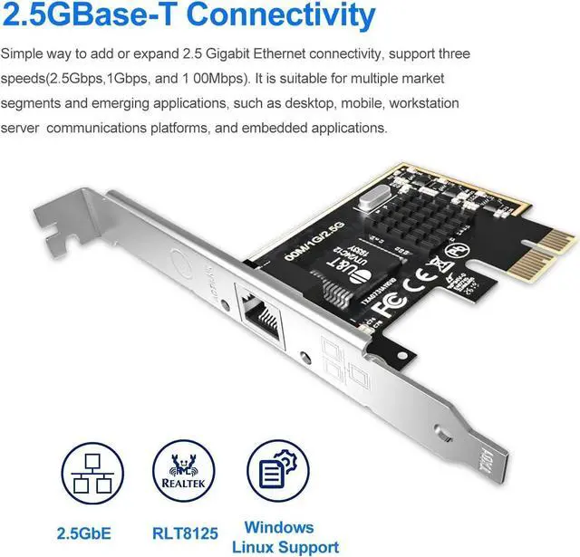 Alt view image 2 of 7 - 2.5GBase-T PCIe Network Adapter with 1 Port, 2500/1000/100Mbps PCI Express Gigabit Ethernet Card RJ45 LAN Controller Support Windows Server/Windows/Linux, Standard and Low-Profile Brackets Included