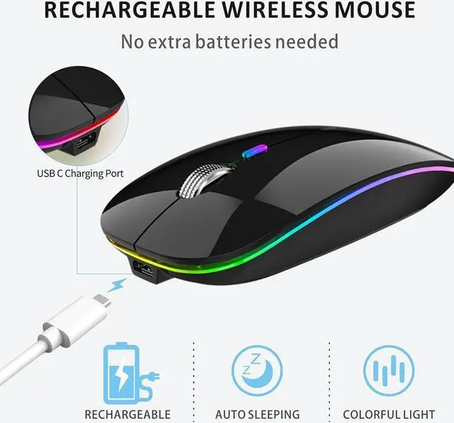 Alt view image 4 of 7 - Uiosmuph LED Wireless Silent Mouse, G12 Slim Rechargeable, 2.4G Portable Optical Computer Mice with USB Receiver and Type C Adapter (Black)