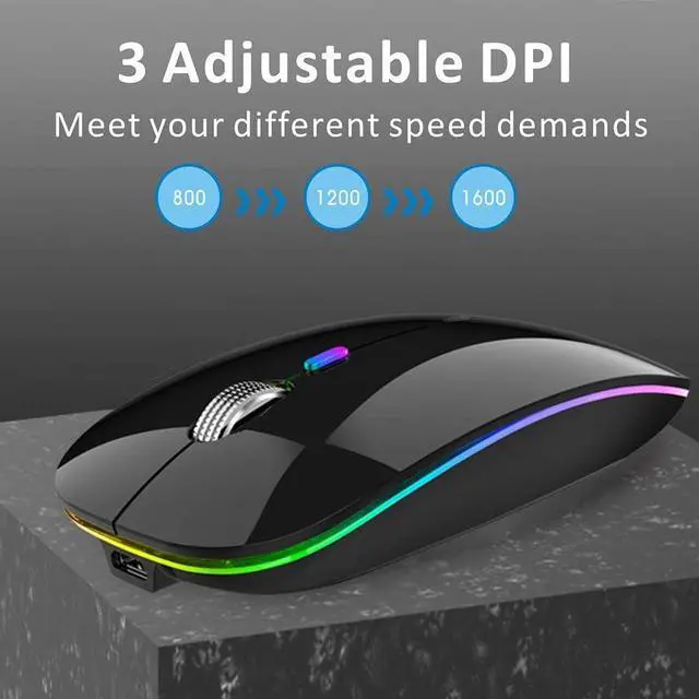Alt view image 6 of 7 - Uiosmuph LED Wireless Silent Mouse, G12 Slim Rechargeable, 2.4G Portable Optical Computer Mice with USB Receiver and Type C Adapter (Black)