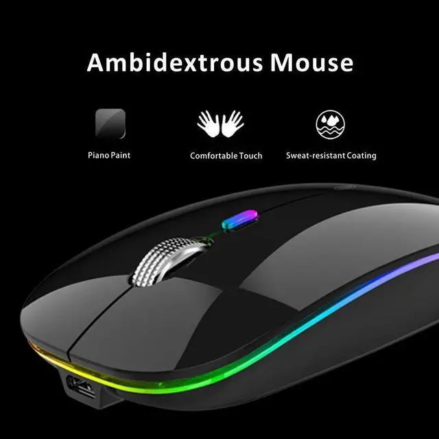 Alt view image 7 of 7 - Uiosmuph LED Wireless Silent Mouse, G12 Slim Rechargeable, 2.4G Portable Optical Computer Mice with USB Receiver and Type C Adapter (Black)