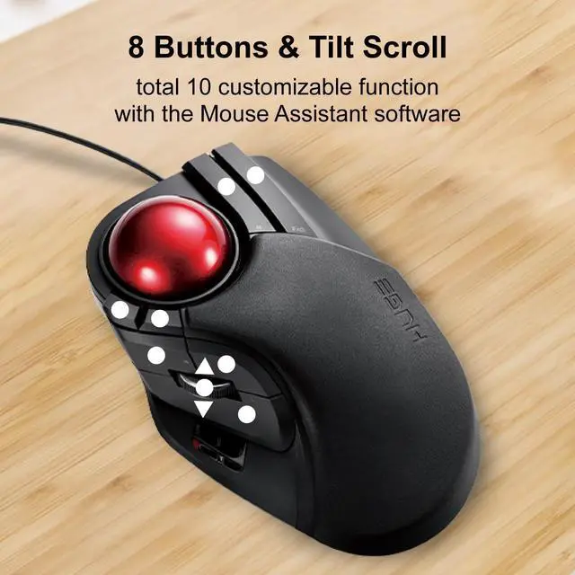 Alt view image 6 of 7 - ELECOM HUGE Trackball Mouse, Wired, Finger-Operated, 8-Button Function, Palm Rest Attached, 52mm Smooth Red Ball Windows11, macOS (M-HT1URBK)