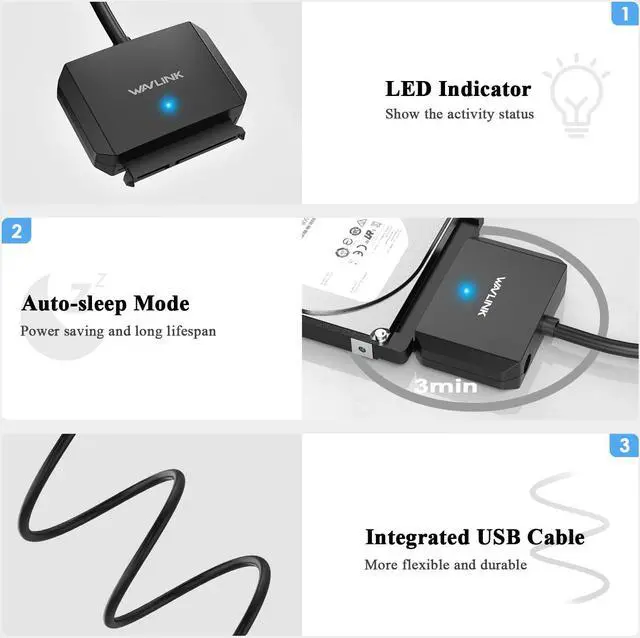 Alt view image 5 of 6 - WAVLINK SATA to USB Type-A Hard Drive Cable, 5Gbps USB3.0 to Sata Cable Support UASP, External Hard Drive SATA I/II/III Connector 2.5" SSD/HDD and 3.5" HDD up to 20TB