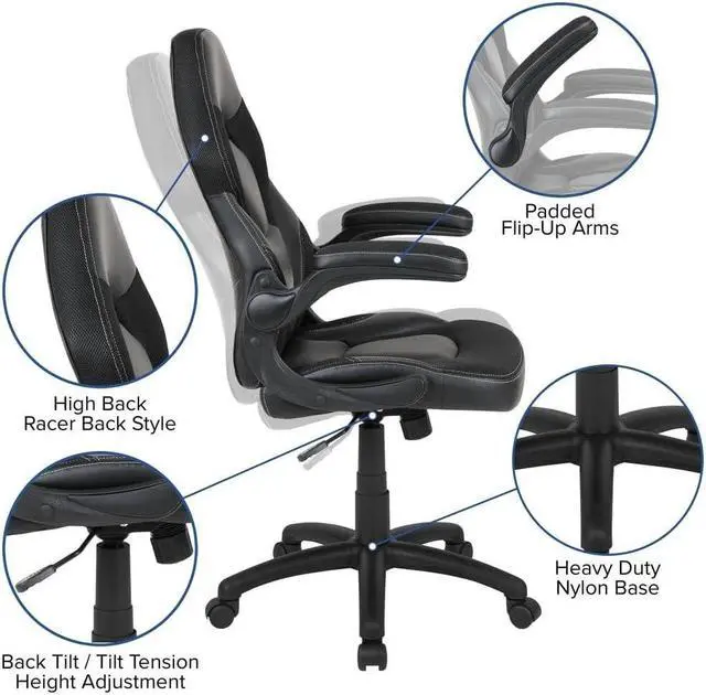 Alt view image 4 of 5 - Flash Furniture X10 Gaming , Racing Office Ergonomic Computer PC Adjustable Swivel Chair with Flip-up Arms, Black LeatherSoft