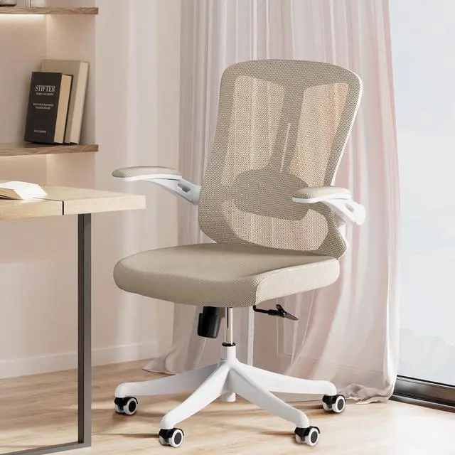 Main image of Ergonomic Office Chair, Mid-Back Computer Desk Chair Comfy Lumbar Support - Home Office Mesh Swivel Chair with Tilt Function Backrest, Flip-up Armrest, PU Silent Rolling Wheels, Khaki