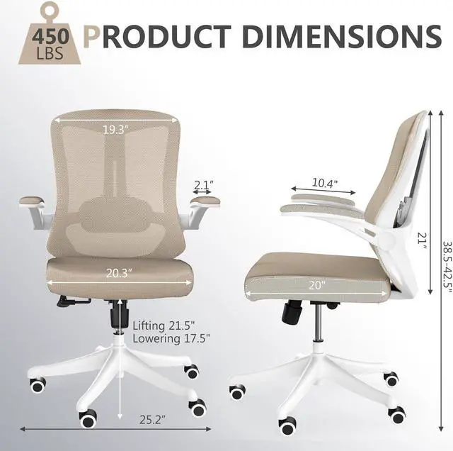Alt view image 2 of 7 - Ergonomic Office Chair, Mid-Back Computer Desk Chair Comfy Lumbar Support - Home Office Mesh Swivel Chair with Tilt Function Backrest, Flip-up Armrest, PU Silent Rolling Wheels, Khaki