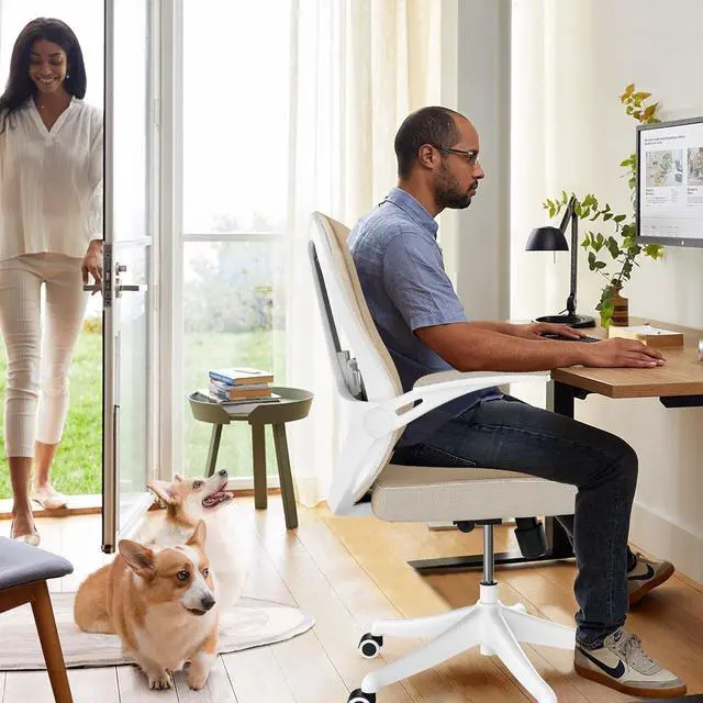 Alt view image 3 of 7 - Ergonomic Office Chair, Mid-Back Computer Desk Chair Comfy Lumbar Support - Home Office Mesh Swivel Chair with Tilt Function Backrest, Flip-up Armrest, PU Silent Rolling Wheels, Khaki