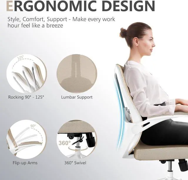 Alt view image 4 of 7 - Ergonomic Office Chair, Mid-Back Computer Desk Chair Comfy Lumbar Support - Home Office Mesh Swivel Chair with Tilt Function Backrest, Flip-up Armrest, PU Silent Rolling Wheels, Khaki