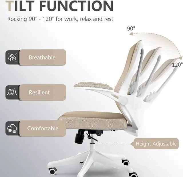 Alt view image 5 of 7 - Ergonomic Office Chair, Mid-Back Computer Desk Chair Comfy Lumbar Support - Home Office Mesh Swivel Chair with Tilt Function Backrest, Flip-up Armrest, PU Silent Rolling Wheels, Khaki