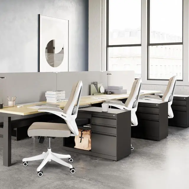 Alt view image 6 of 7 - Ergonomic Office Chair, Mid-Back Computer Desk Chair Comfy Lumbar Support - Home Office Mesh Swivel Chair with Tilt Function Backrest, Flip-up Armrest, PU Silent Rolling Wheels, Khaki