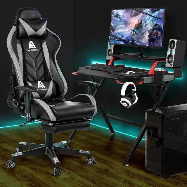 Alt view image 2 of 7 - AA Products Gaming Chair High Back Ergonomic Computer Racing Chair Adjustable Office Chair with Footrest, Lumbar Support Swivel Chair - Grey