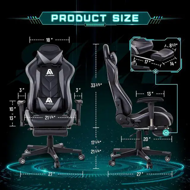 Alt view image 3 of 7 - AA Products Gaming Chair High Back Ergonomic Computer Racing Chair Adjustable Office Chair with Footrest, Lumbar Support Swivel Chair - Grey