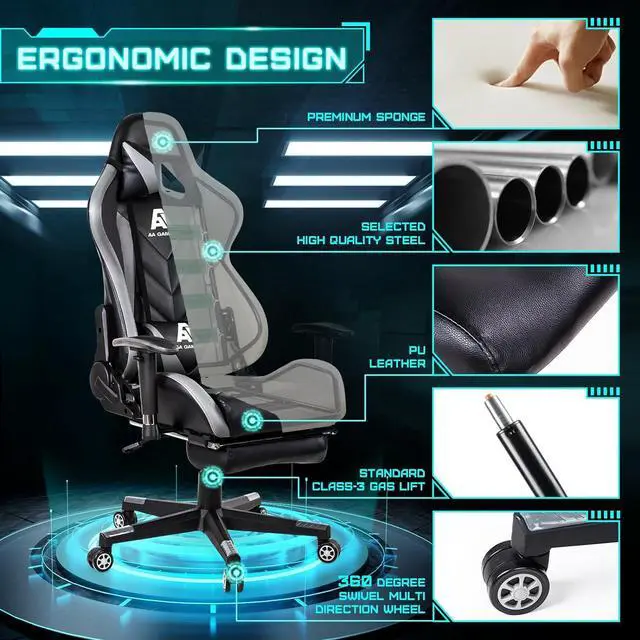 Alt view image 5 of 7 - AA Products Gaming Chair High Back Ergonomic Computer Racing Chair Adjustable Office Chair with Footrest, Lumbar Support Swivel Chair - Grey