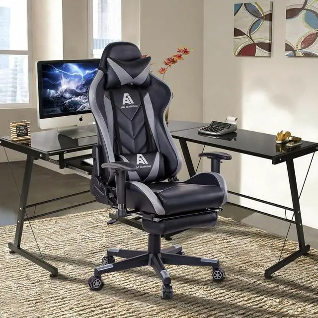 Alt view image 7 of 7 - AA Products Gaming Chair High Back Ergonomic Computer Racing Chair Adjustable Office Chair with Footrest, Lumbar Support Swivel Chair - Grey