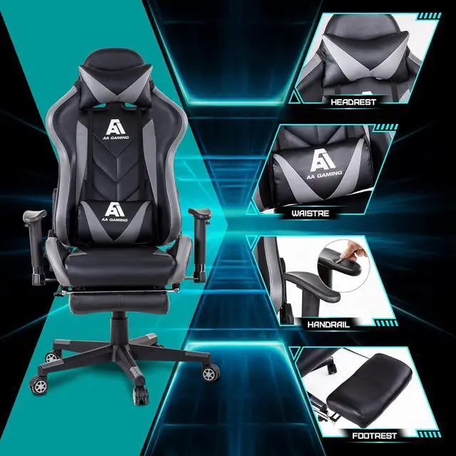 Alt view image 6 of 7 - AA Products Gaming Chair High Back Ergonomic Computer Racing Chair Adjustable Office Chair with Footrest, Lumbar Support Swivel Chair - Grey
