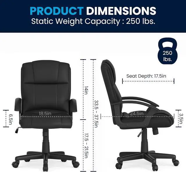 Alt view image 3 of 7 - Flash Furniture Coffman Flash Fundamentals Mid-Back LeatherSoft Office and Gaming Chair, Ergonomic Office Chair with Padded LeatherSoft Seat and Arms, Black