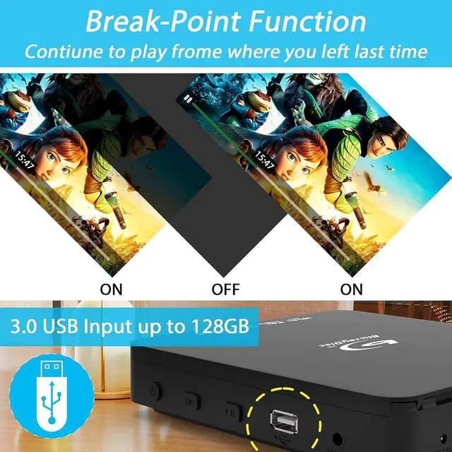 Alt view image 6 of 7 - Super Mini Blu-ray HD DVD for TV, 1080P Blue-ray Home Theater, Portable with Remote Control + HDMI AV Cable + Built-in PAL/NTSC, Support USB Input