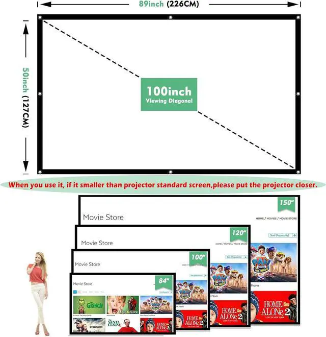 Alt view image 2 of 6 - Projector Screen 100 inch, Taotique 4K Movie Projector Screen 16:9 HD Foldable and Portable Anti-Crease Indoor Outdoor Projection Double Sided Video Projector Screen for Home, Party, Office, Classroom