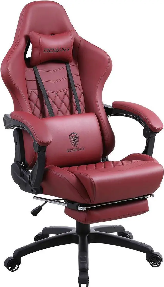 Main image of Dowinx Gaming Chair Office Desk Chair with Massage Lumbar Support, Vintage Style Armchair PU Leather E-Sports Gamer Chairs with Retractable Footrest (Red)