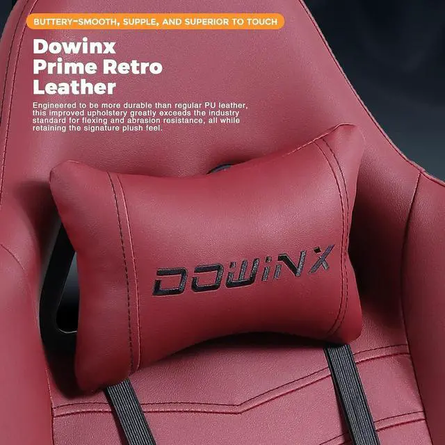 Alt view image 3 of 6 - Dowinx Gaming Chair Office Desk Chair with Massage Lumbar Support, Vintage Style Armchair PU Leather E-Sports Gamer Chairs with Retractable Footrest (Red)