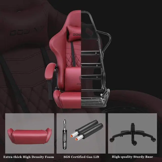 Alt view image 5 of 6 - Dowinx Gaming Chair Office Desk Chair with Massage Lumbar Support, Vintage Style Armchair PU Leather E-Sports Gamer Chairs with Retractable Footrest (Red)