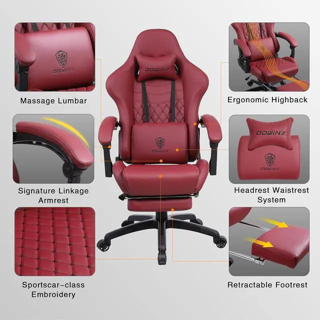 Alt view image 4 of 6 - Dowinx Gaming Chair Office Desk Chair with Massage Lumbar Support, Vintage Style Armchair PU Leather E-Sports Gamer Chairs with Retractable Footrest (Red)