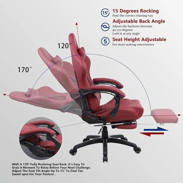 Alt view image 6 of 6 - Dowinx Gaming Chair Office Desk Chair with Massage Lumbar Support, Vintage Style Armchair PU Leather E-Sports Gamer Chairs with Retractable Footrest (Red)